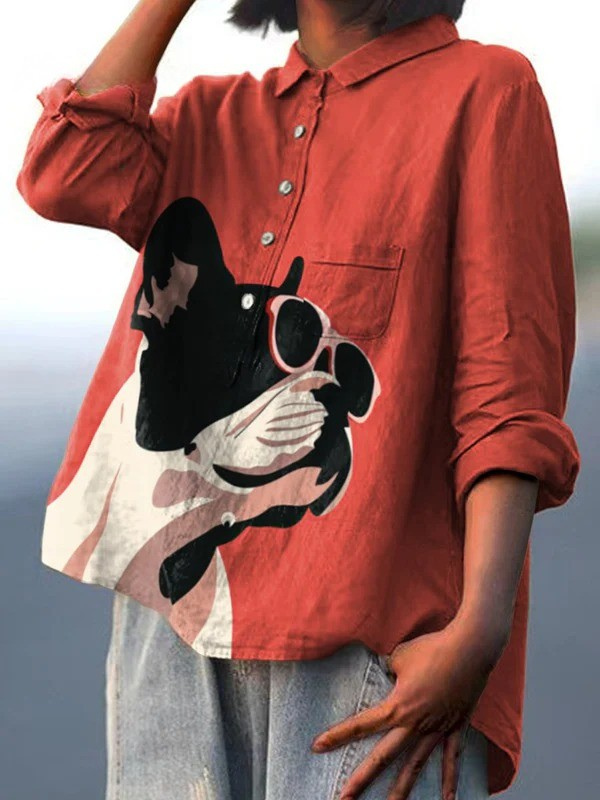 Indie | Decorative Pattern of French Bulldog Wearing Sunglasses On Red Background Casual Shirt