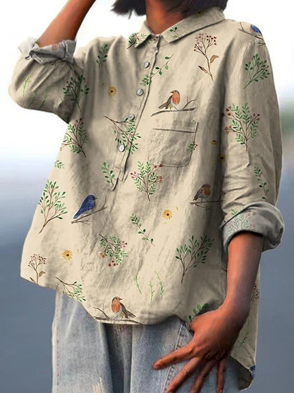 Kendra | Boughs And Robin Birds Pattern Printed Women's Casual Shirt