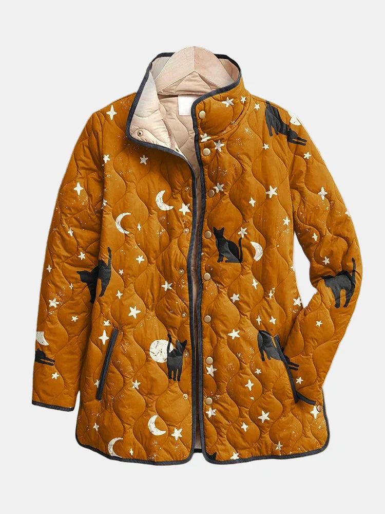 Naya | Casual Black Cat Halloween Print Quilted Jacket