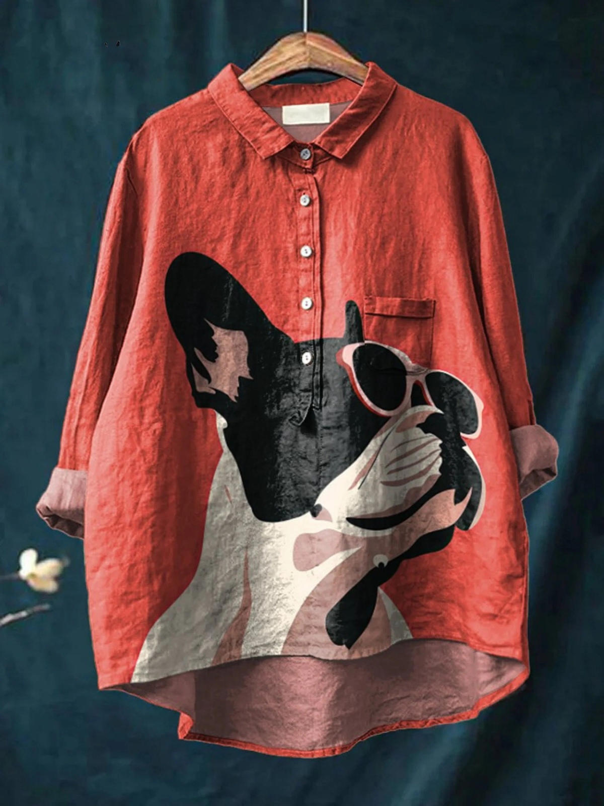 Indie | Decorative Pattern of French Bulldog Wearing Sunglasses On Red Background Casual  Shirt