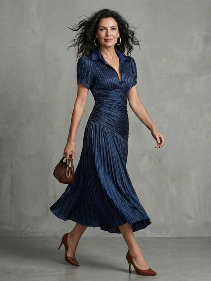 Theodora™ | Pleated Waist Stripe Midi Dress
