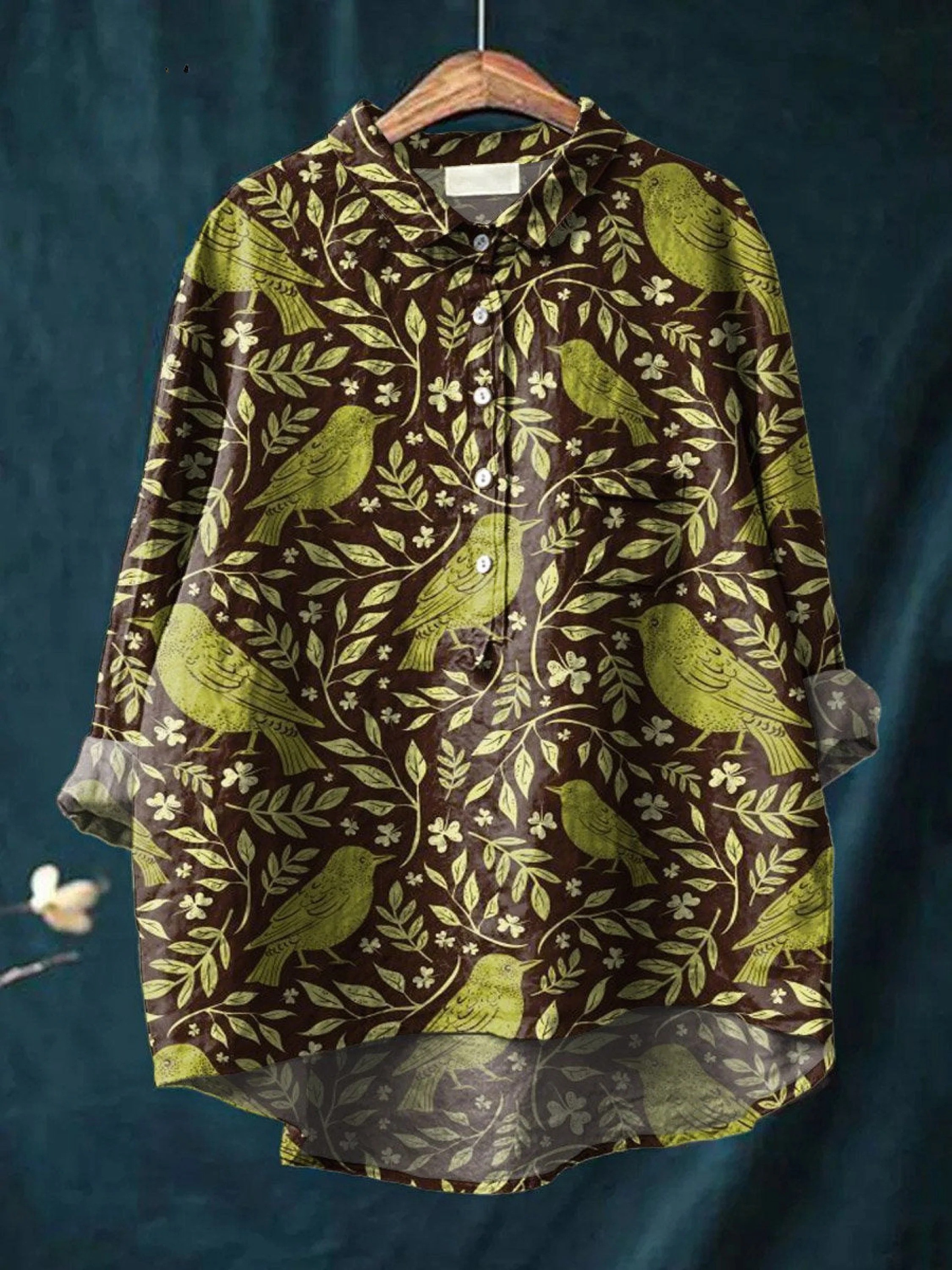 Bowie | Women's Vintage Floral Birds Art Print Casual Shirt