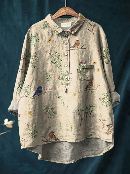 Kendra | Boughs And Robin Birds Pattern Printed Women's Casual  Shirt