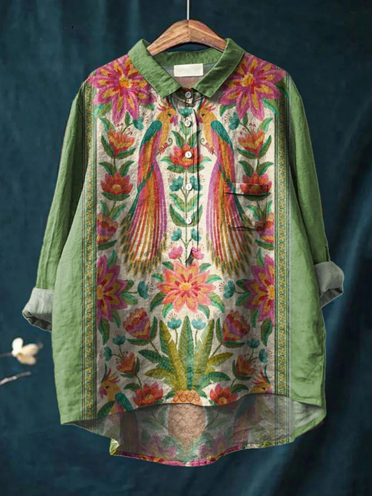 Kylie | Women's Vintage Lovely Floral Birds Art Print Casual  Shirt