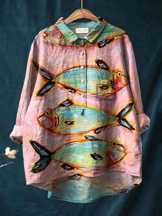 Avielle | Women's Vintage Fish Art Print Casual  Shirt