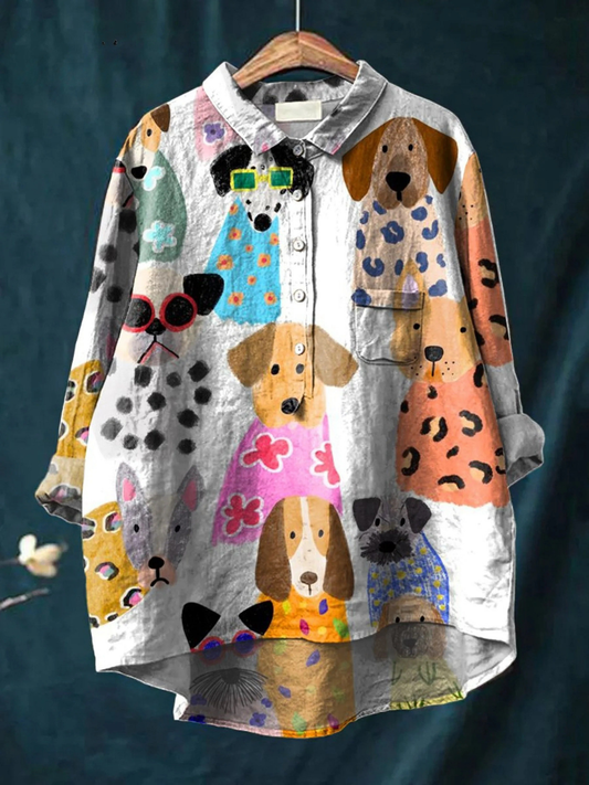 Althea | Women's Colorful Fun Cartoon Puppy Print Casual  Shirt