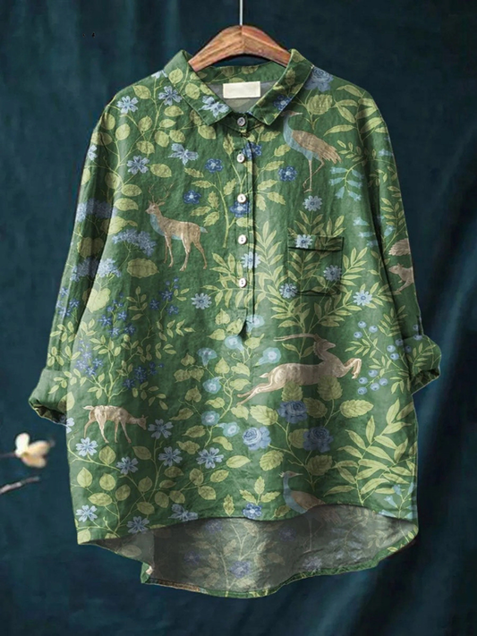 Nora | Women's Vintage Floral Animals Art Print Casual  Shirt