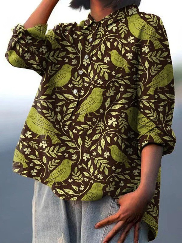 Bowie | Women's Vintage Floral Birds Art Print Casual Shirt