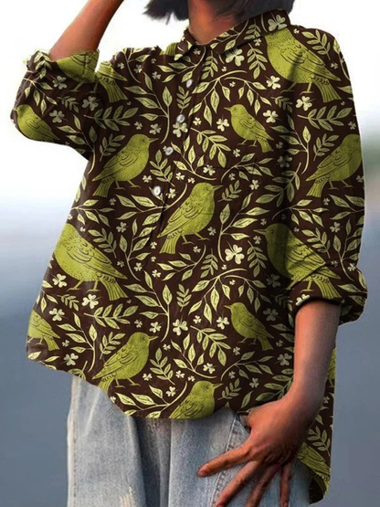 Bowie | Women's Vintage Floral Birds Art Print Casual Shirt
