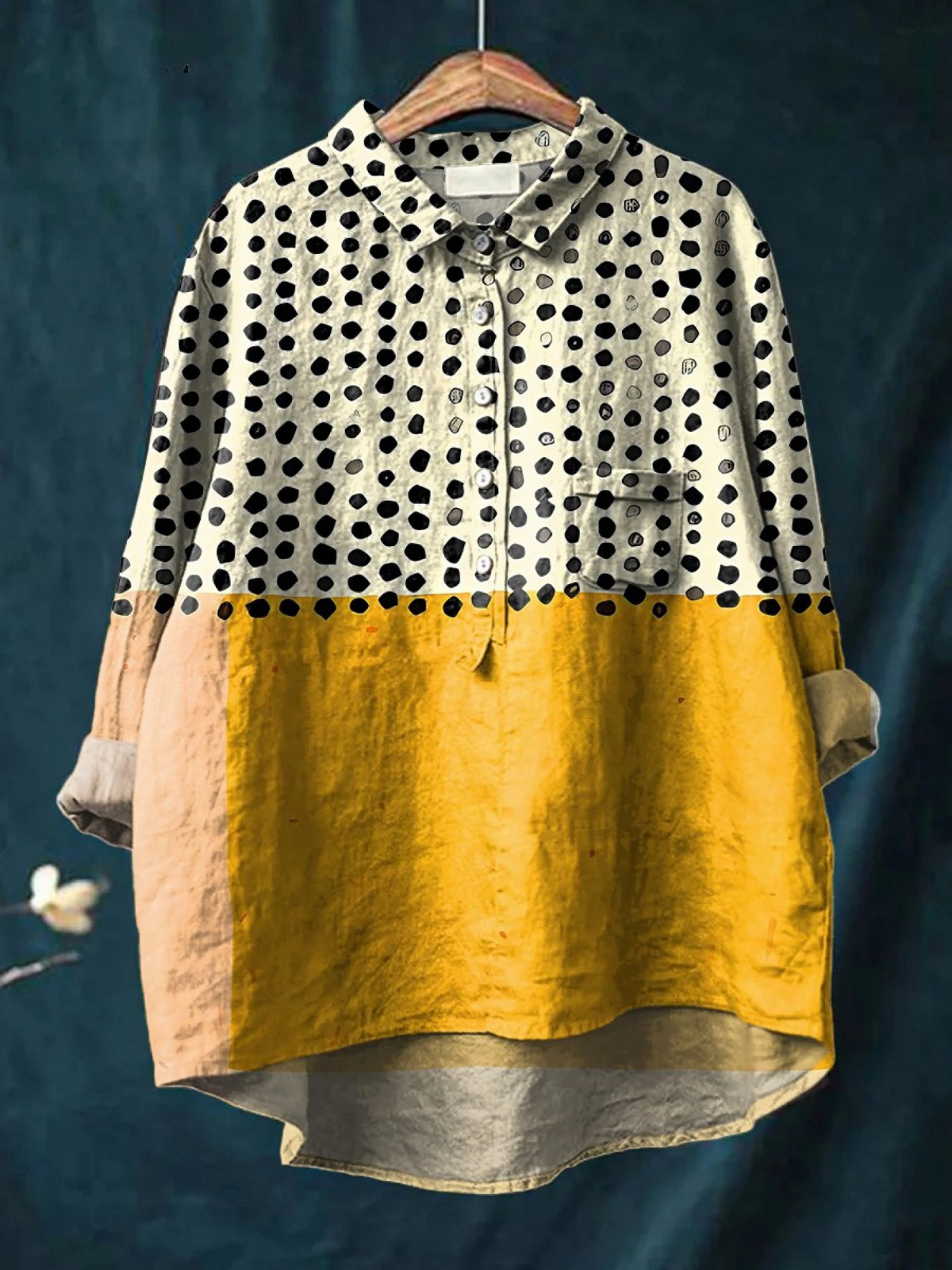Althea | Women's Yellow Color-blocked Dots Print Casual  Shirt