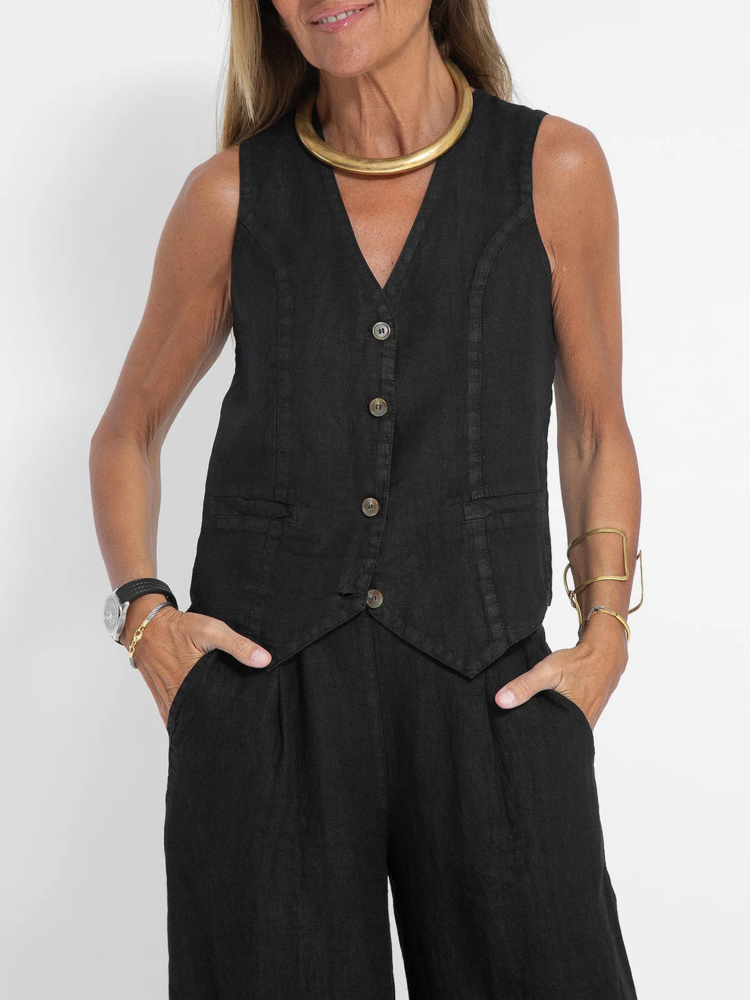 Aira - Buttoned Vest and Wide-Leg Pants Set