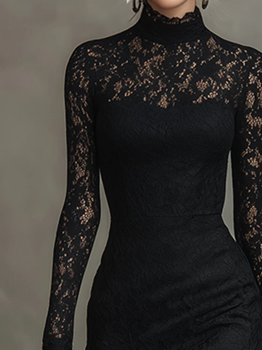 Elegant black stretchy lace fishtail maxi dress