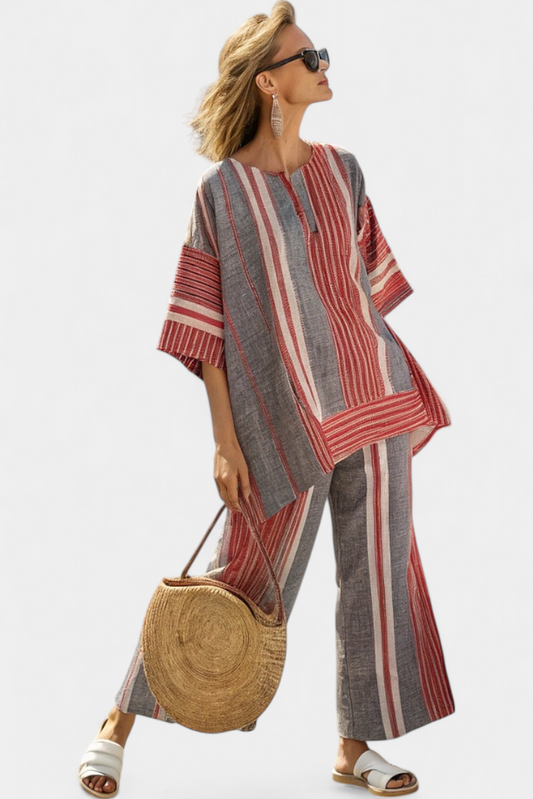 Bravine | Elegant Coral-Gray Linen Top & Wide-Leg Pants