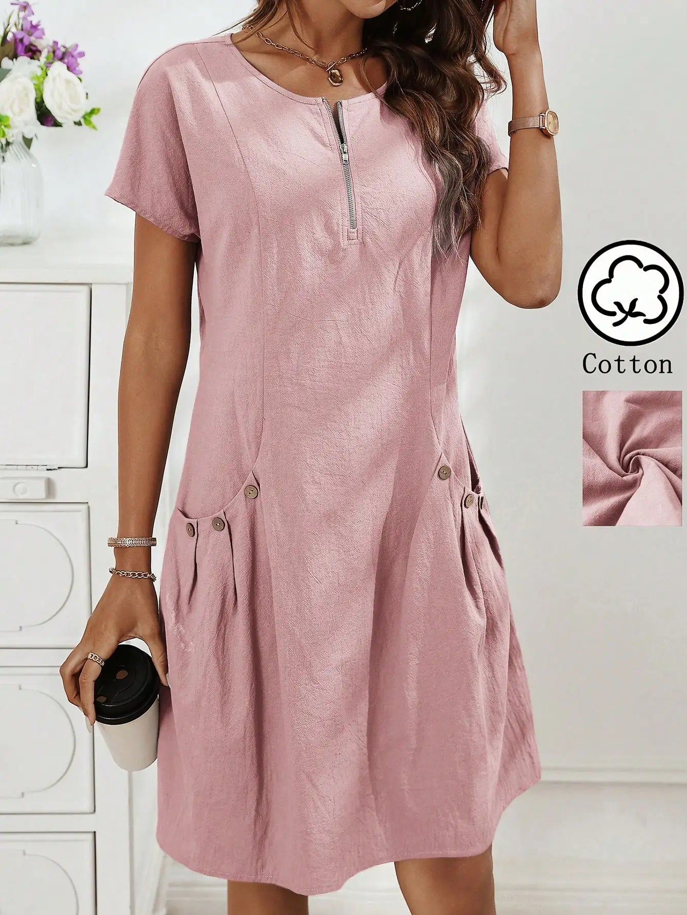 Women's Zip-Collar Pocket Dress — Short Sleeve Summer Knit Cotton Blend Dress