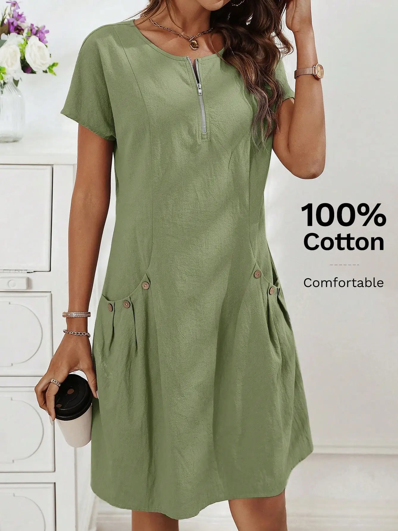 Women's Zip-Collar Pocket Dress — Short Sleeve Summer Knit Cotton Blend Dress