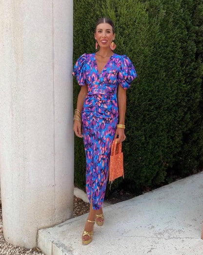 Loren - Vibrant Midi Dress with Puff Sleeves