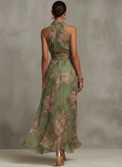 Ruth™ | Green Floral Halter Chiffon Maxi Dress