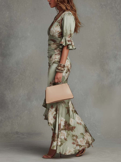 Anna™ | Green Satin Asymmetrical Floral Dress