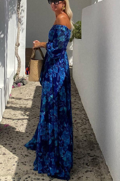 Francesca - Long dress with floral pattern and off-the-shoulder sleeves