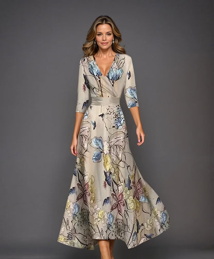 Margaret | Three Quarter Sleeve Floral Maxi Wrap Dress